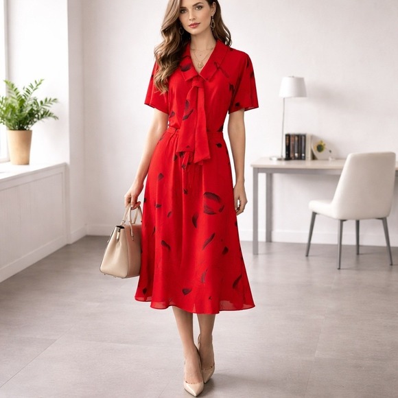 Raoul Dresses & Skirts - Womens Dress 8 Red Black Abstract Flowy Bow Statement Office Professional Chic